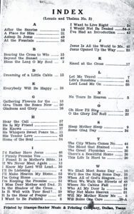 A table of the names and lyrics for various songs.