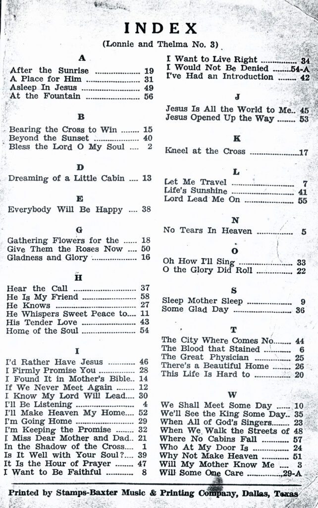 A table of the names and lyrics for various songs.