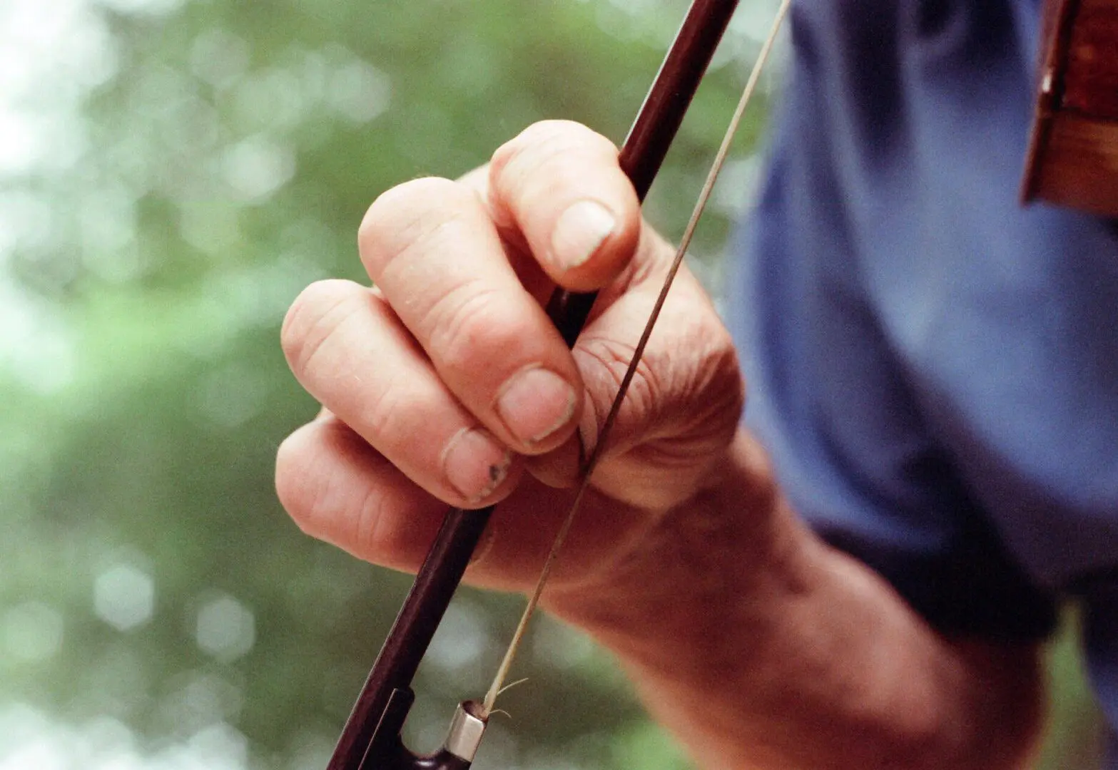 Hand holding a violin bow string.